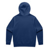 A navy hoodie featuring a spacious back design and a hood. It includes a logo detail.