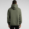 A green hoodie with a large hood, featuring a simple design and a relaxed fit, shown from the back.