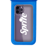 A waterproof phone pouch in bright blue, featuring a clear front and a logo on the visible phone case.