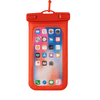 A red waterproof phone pouch with a clear front, displaying a smartphone screen and icons. It has a logo on it.