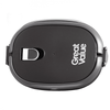 A lunch box in black with a grey clasp and a logo. Designed for convenient storage and transport.