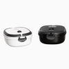 A lunch box set featuring a black and a white container, each with a secure lid and branding.