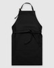 A black apron featuring a pocket and a tie closure, with a minimalist design and adjustable neck strap.