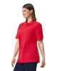 A red adult polo shirt with short sleeves, featuring a collar and side slits. It has a logo on the chest.