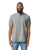 A grey adult polo shirt with a three-button placket and a collar, featuring a branding logo.