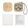 A square bamboo wireless charger set featuring multiple charging cables and a user instruction guide.