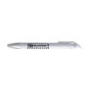 A white gel ink pen with a silver clip and a black logo on the barrel.