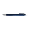 A navy blue gel ink pen with a white tip and a clip. It features a sleek design and a branding logo.