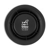 A black pet bowl with a circular design and a central logo featuring a dog.