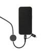 A black charging cable with a round connector, attached to a smartphone, surrounded by a sleek design.