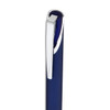 A gel ink pen with a sleek design, featuring a dark blue barrel and metallic silver clip.