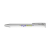 A white gel ink pen with a silver nib and a logo printed on the barrel.