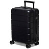 A black hardcase trolley with multiple wheels, featuring a sturdy handle and a sleek surface design.