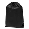 A black drawstring bag with a simple design, featuring a logo on one side.