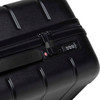 A black hardcase trolley with a zip closure and a combination lock mechanism. It features a textured surface.