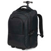 A black trolley backpack with a retractable handle and adjustable shoulder straps. It features a front pocket and wheels.