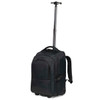 A black trolley backpack with wheels and an extendable handle, featuring shoulder straps and organisational pockets.