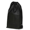 A black drawstring backpack with a smooth texture and a logo at the bottom corner.