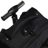 A black trolley backpack featuring a retractable handle and a zippered pocket with a logo.