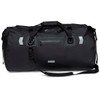 A black waterproof duffle bag with multiple handles, zippers, and a shoulder strap. It features a logo on the side.
