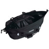 A black duffle bag with multiple straps and a large, open interior. It features a logo on the side.