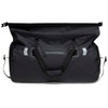 A large black duffle bag with a zippered compartment and carrying straps, featuring a branding logo.