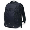 A dark navy backpack with multiple compartments and zippers, featuring padded shoulder straps and a logo.
