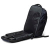 A navy backpack with a spacious interior and a flat, open design, featuring multiple compartments and a logo.