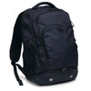 A navy blue backpack with multiple zippers and compartments, featuring a logo on the front.
