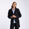A wool jacket in black, featuring a collared neckline and button closure, worn by a model.