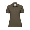 A women's polo shirt in olive green with a collar and short sleeves, featuring a logo on the neckline.