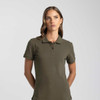A women's polo in olive green with a collar, featuring a subtle logo on the chest.