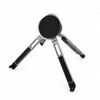 A silver and black device stand with three adjustable legs, featuring a flat circular top and a sleek design.