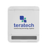 A white phone stand featuring a logo and a grey base. Sturdy design for supporting devices.