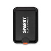 A black Cozy Phone Wallet with a logo, featuring a secure closure and a contrasting orange accent.