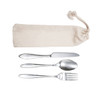 A cutlery set featuring a knife, spoon, and fork in silver, stored in a calico pouch.