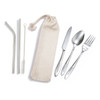 A stainless steel cutlery and straw set in a calico pouch, featuring a spoon, fork, knife, and cleaning straw.