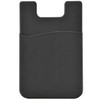 A sleek black phone wallet designed to attach to the back of a smartphone, featuring a pocket for holding cards or cash.