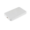 A rectangular white wireless power bank with a USB port and a small logo on the side.