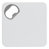 A drink bottle opener and coaster combination featuring a sleek white square design with a metal opening cutout.