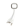 A white, 3-in-1 charging cable with multiple connectors and a square housing at the top.