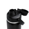 A drink bottle with a black body and a silver band, featuring a screw-top lid and a flip-open spout.