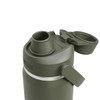 A drink bottle in olive green with a spout and removable cap, featuring a logo on the side.