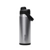 A drink bottle in stainless steel with a black lid and a carry handle, featuring a logo.