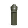 A drink bottle in an olive green colour with a silver cap and a handle, featuring a logo.
