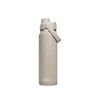 A drink bottle in a light beige colour with a carry handle and a logo. Stylish, slim design for easy use.
