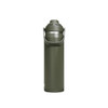 A drink bottle in olive green with a lid and a handle, featuring a logo on the side.
