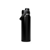A drink bottle in matte black with a silver band and a carry handle, featuring a logo.