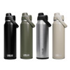 A drink bottle in four colours: black, olive green, stainless steel, and beige, featuring a lid with a carry handle and a logo.