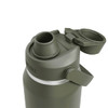 A drink bottle in olive green with a screw-on lid and a flip top cap, featuring a logo on the side.